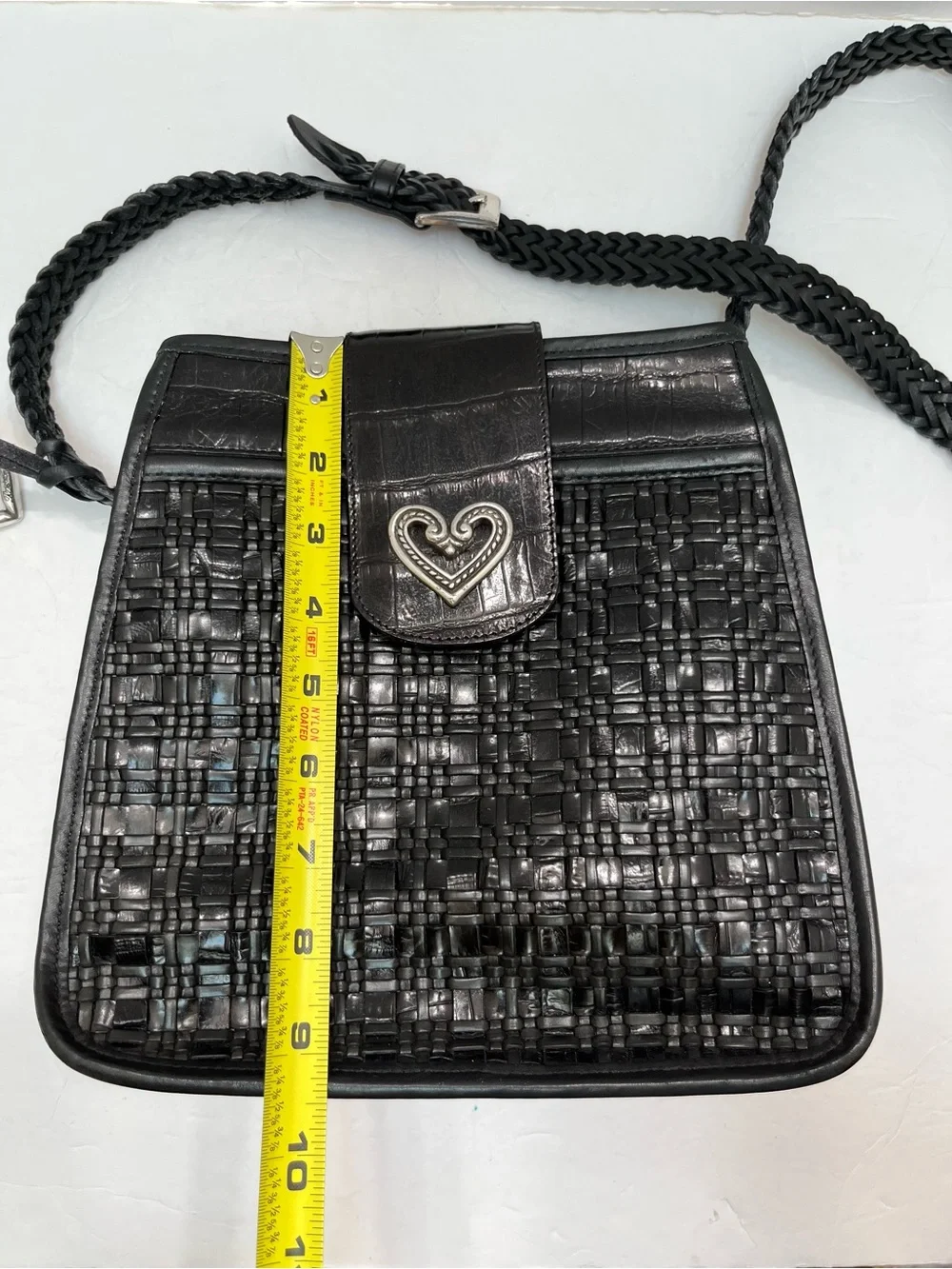 Brighton Cecilia Black Leather Woven Croc Shoulder Bag Crossbody Heart